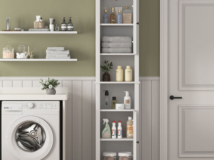 Wooden Bathroom Floor Storage Cabinet With 2 Doors And 6 Shelves - White