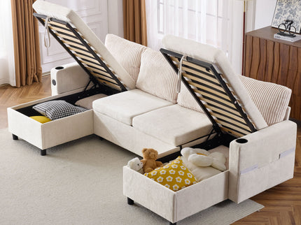 Sectional Sofa Bed With Pull Out Sleeper, USB Ports, Cup Holders