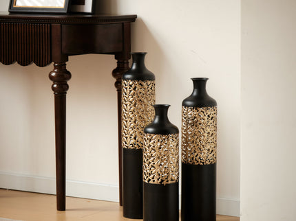 Floor Metal Vases Decorated Metal Vases (Set of 3) Gorgeous Home Decoration Large Glazed Metal Vases - Black / Gold