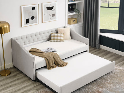 Upholstered Tufted Daybed With Drawers, Waved Arms