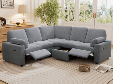 Power Recliner Sectional Sofa Home Theater Reclining Sofa With Two USB Ports, Two Storage Drawers For Living Room