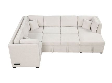 U-Shaped Sectional Sofa Pull Out Sofa Bed With Two USB Ports, Two Power Sockets, Three Back Pillows And A Storage Chaise For Living Room