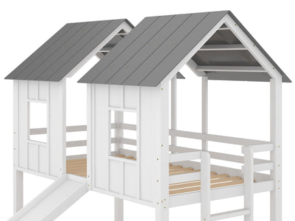 Twin Over Twin House Bunk Bed With Slide And Windows - White / Gray