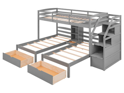 Twin Over Twin & Twin Bunk Bed With Drawers, Staircase Storage, Built In Shelves - Gray
