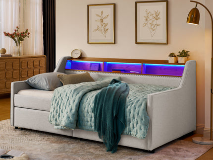 Twin Upholstered Sofa Bed With LED Lights, Storage Drawers, Adjustable Headboard & Wireless Charging - Beige