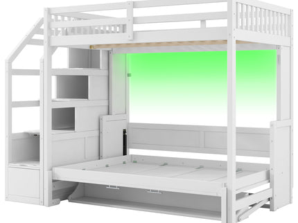 Full Long Loft Bed With Storage Staircase, Murphy Bed, LED Light - White