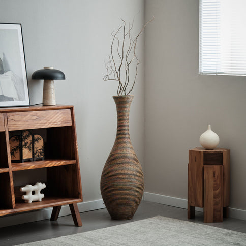 Tall Artificial Rattan Floor Vase In Elegant Statement Piece For Living Room Decor, Entryway, Or Hallway Versatile Home Accent For Dried Or Silk Floral Arrangements - Beige / Gray