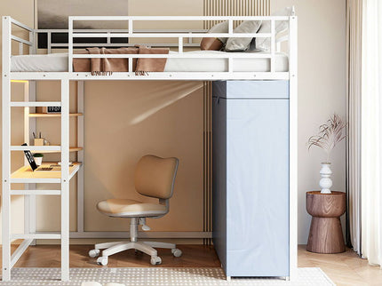 Loft Bed With Desk, Shelves, Power Outlet, LED Light And Wardrobe