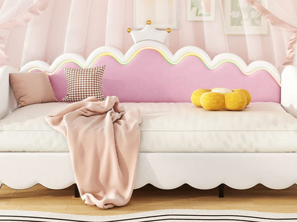 Extending Daybed With LED Lights, Modern Upholstered Princess Daybed With Crown Headboard