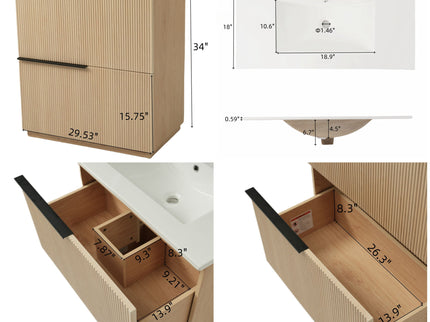 Fluted Bathroom Vanity With Ceramic Sink, Soft Close Slides