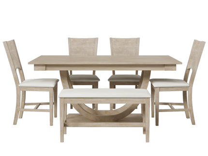 Topmax - 6 Piece Wood Half Round Dining Table Set Kitchen Table Set With Long Bench And 4 Dining Chairs, Modern Style