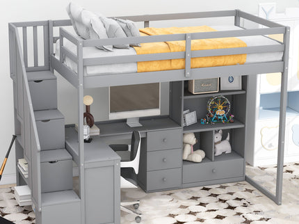 Loft Bed With L Shaped Desk, Drawers, Cabinet, And Storage Staircase