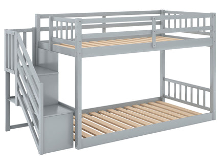 Twin Over Twin Floor Bunk Bed, Ladder With Storage