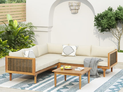 Premium Outdoor Sofa Set With Waterproof Cushions Sectional Seating Group With Acacia Wood And Wicker - Brown Mix / Beige