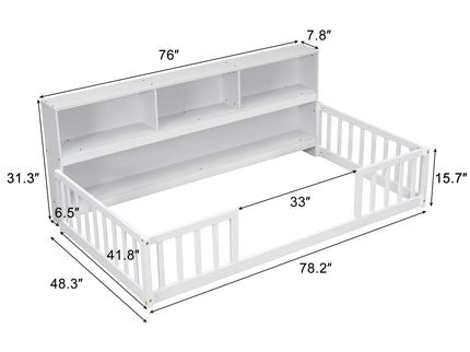 Floor Bed With Bedside Bookcase, Shelves, Guardrails