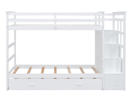 Twin Over Twin Bunk Bed With Trundle And Staircase - White