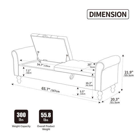 Napped Storage Bench With Rolled Armrest - Griege
