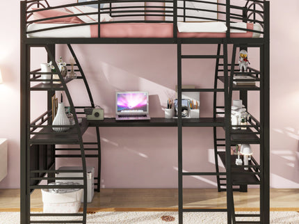 Loft Bed With 4 Layers Of Shelves And L-Shaped Desk, Stylish Metal Frame Bed With A Set Of Sockets, USB Ports And And Wireless Charging