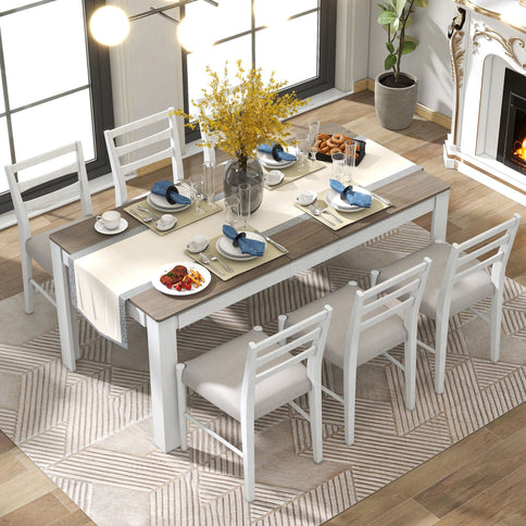 7 Piece Dining Set With Extendable Table, 2 Drawers & 6 Upholstered Chairs