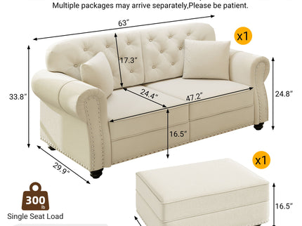 Upholstered Sofa Set With Nailhead Trim And Rolled Armrests, Includes Pillows