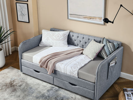 Daybed With Trundle And Storage Drawers, Flat Arms With Pocket