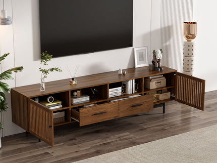 TV Stand, Media Console With 2 Drawers, Soft Closing Slatted Doors, Living Room Entertainment Center - Walnut