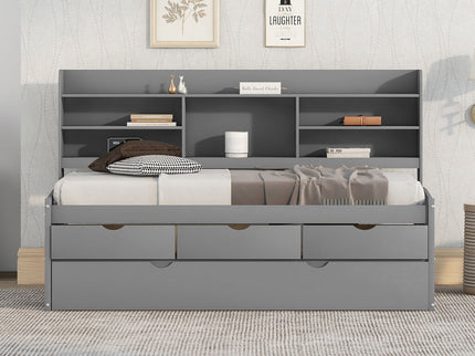 Captain Bed With Built In Bookshelves, 3 Storage Drawers, And Trundle