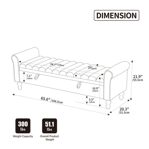 Wide Upholstered Storage Bench With Rolled Armrest For Bedroom - Griege