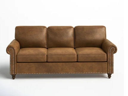 Sofa With Rolled Arms And Studs Trim - Brown