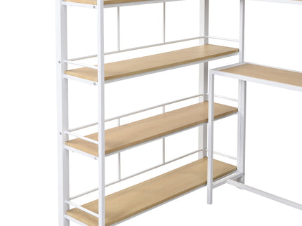 Twin Size Loft Bed With Built In Desk, Staircase Storage & 4 Tier Shelves - White