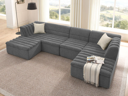 U-Shaped Modular Sectional Sofa With Chaise And Movable Ottoman With Wave-Shaped Armrest