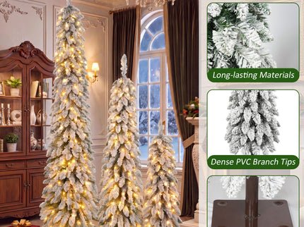 Slim Snow Flocked Pre Lit Pencil Christmas Tree, 3.9Ft / 5.9Ft / 7.9Ft With 750 Branch Tips, 480 LED Lights, Warm Glow, For Indoor Holiday Decor - White