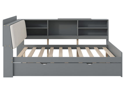 Platform Bed With Trundle, Shelves, And Storage Headboard