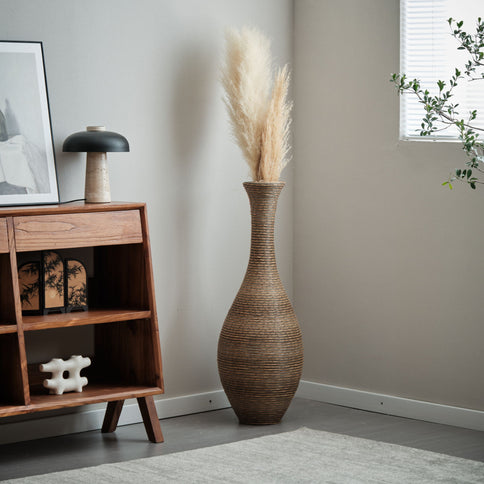 Tall Artificial Rattan Floor Vase In Elegant Statement Piece For Living Room Decor, Entryway, Or Hallway Versatile Home Accent For Dried Or Silk Floral Arrangements - Beige / Gray