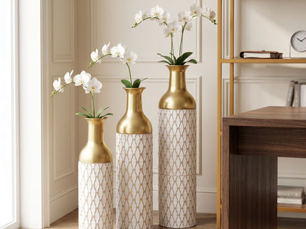 Diamond Embossed Floor Tall Vases Home Decor (Set of 3) - White / Gold