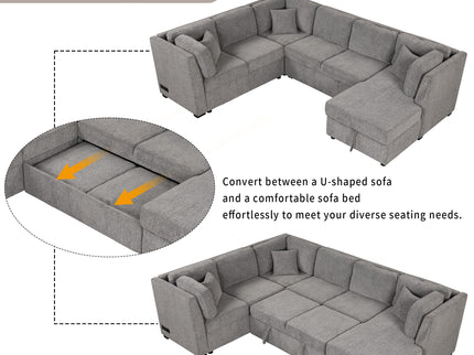 U-Shaped Sectional Sofa Pull Out Sofa Bed With Two USB Ports, Two Power Sockets, Three Back Pillows And A Storage Chaise For Living Room