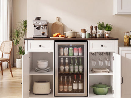 Coffee Bar With Mini Fridge Space & Built In Charging Station, Large Bar Cabinet With Drawers & Adjustable Shelves For Kitchen - White