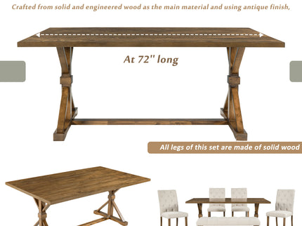 6 Piece Dining Table Set With Rectangular Wood Table, 4 Upholstered Chairs, Bench