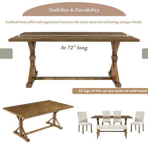 6 Piece Dining Table Set With Rectangular Wood Table, 4 Upholstered Chairs, Bench