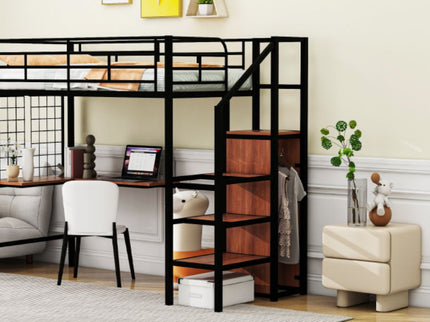 Loft Bed With Desk And Grid, Stylish Frame With Lateral Storage Ladder And Wardrobe