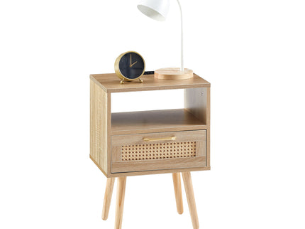 15.75" Rattan End Table With Power Outlet & USB Ports, Modern Nightstand With Drawer And Solid Wood Legs, Side Table For Living Room, Bedroom