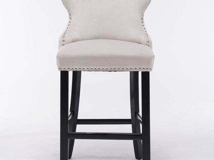 Contemporary Upholstered Wing-Back Barstools With Button Tufted Decoration And Wooden Legs, And Nailhead Trim, Leisure Style Bar Chairs, Bar Stools (Set of 2)