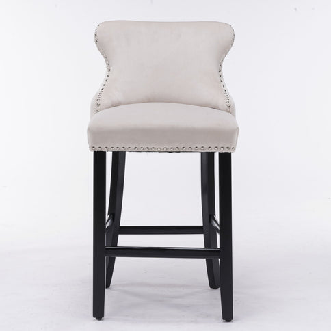 Contemporary Upholstered Wing-Back Barstools With Button Tufted Decoration And Wooden Legs, And Nailhead Trim, Leisure Style Bar Chairs, Bar Stools (Set of 2)