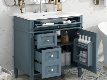 Bathroom Vanity With Top Sink, Storage Cabinet With 2 Drawers And Tip Out Drawer, Rectangular Design - Blue
