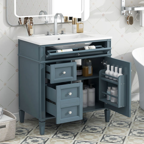 Bathroom Vanity With Top Sink, Storage Cabinet With 2 Drawers And Tip Out Drawer, Rectangular Design - Blue