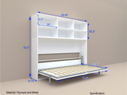 Mordern Design Twin Size Horizontal Murphy Bed With Shelf Storage For Bedroom Or Guestroom Wall Bed Space Saving Hidden Bed With New Style Gas Struts - White