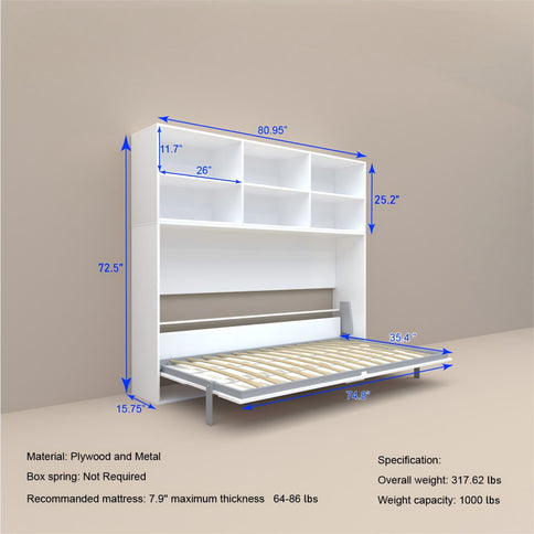 Mordern Design Twin Size Horizontal Murphy Bed With Shelf Storage For Bedroom Or Guestroom Wall Bed Space Saving Hidden Bed With New Style Gas Struts - White