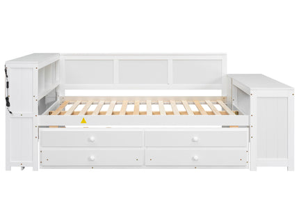 Daybed With Storage Shelves, Drawers, Trundle, Charging Station, LED Light, Desk And Cabinet
