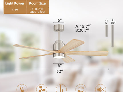 52" Ceiling Fan With Remote Control, Dimmable 3 Color Temperature LED Light, Quiet Reversible DC Motor