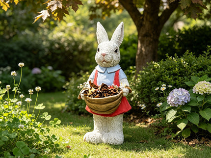 Whimsical Rabbit Statue Flower Pot Ornament, Garden Decor - Pink / White